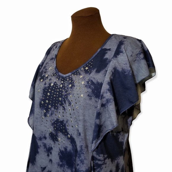 NWT One World Blue Shibori Tie-Dye Top Plus Size 1X Embellished Butterfly Sleeve - Picture 5 of 10